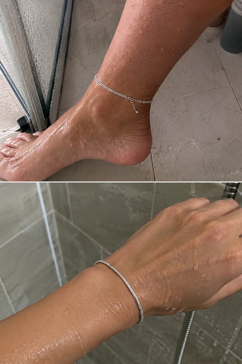 The anklet and snake bracelet worn in the shower — a real, unglamorous proof shot